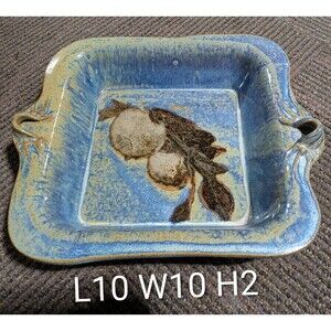 Vintage Handmade Apple Studio Pottery Baking Dish, Blue Drip Glaze Casserole